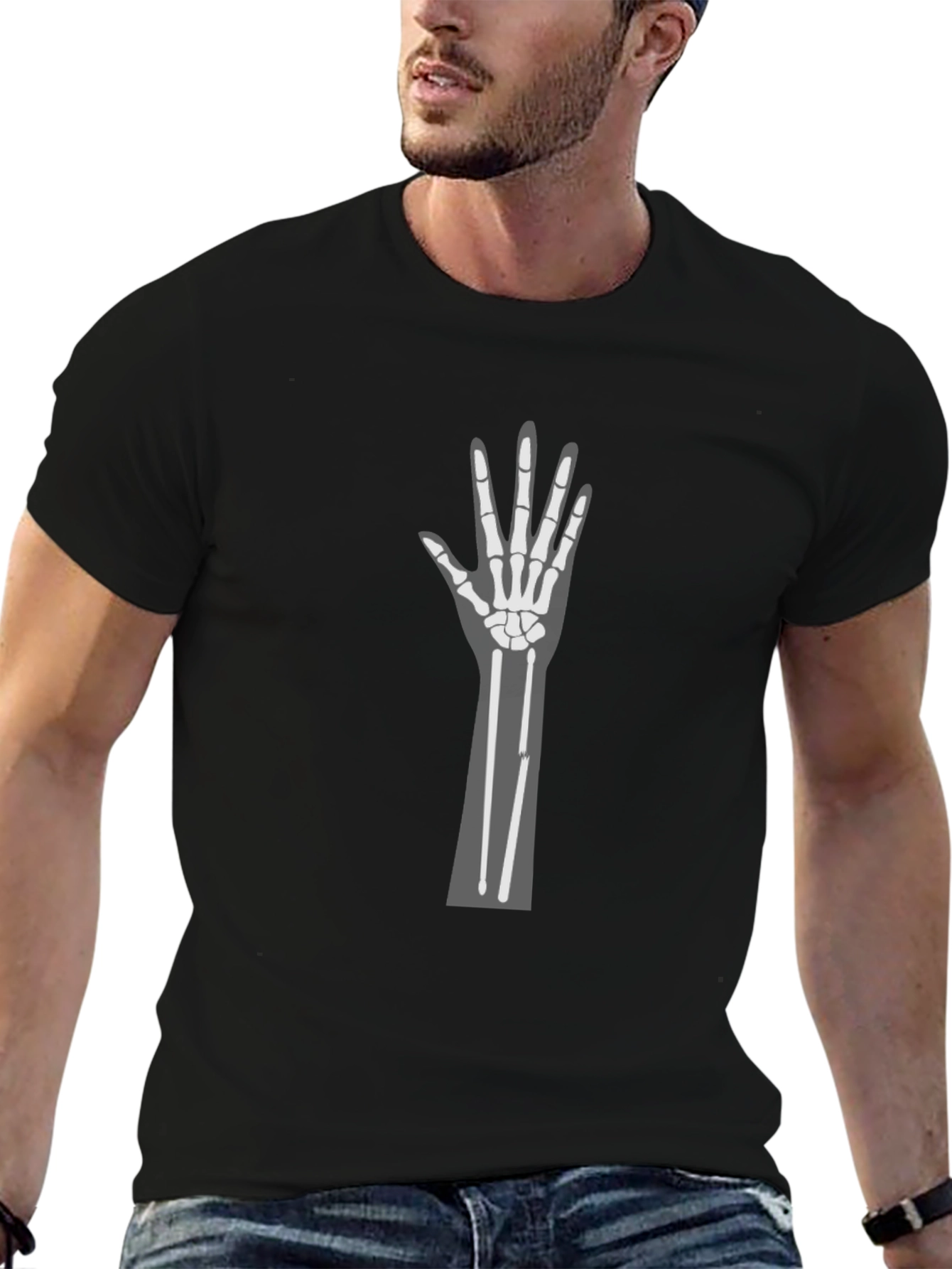 Skeleton Hand Graphic Tee - Black Cotton Crew Neck