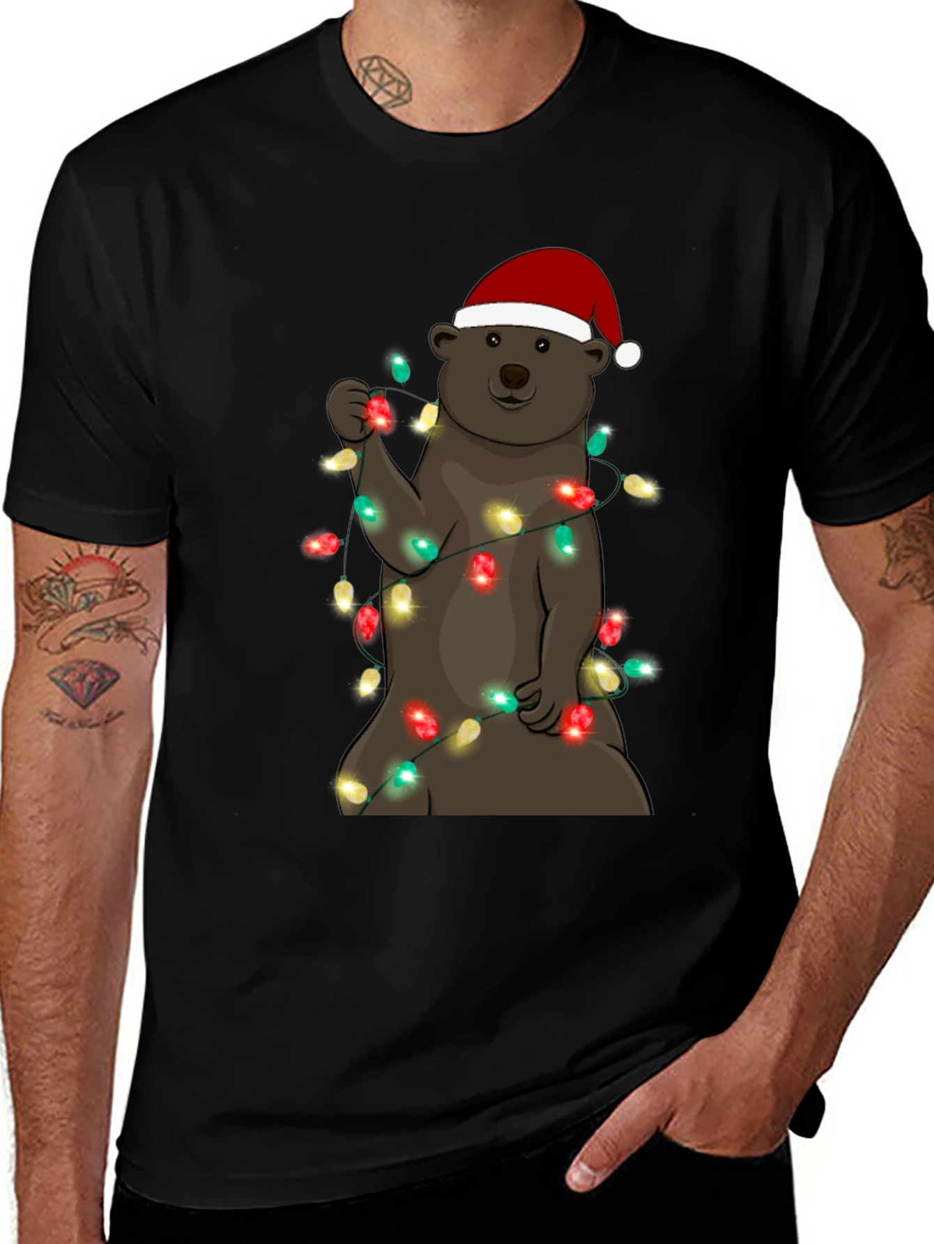 Festive Bear T-Shirt with Christmas Lights & Santa Hat
