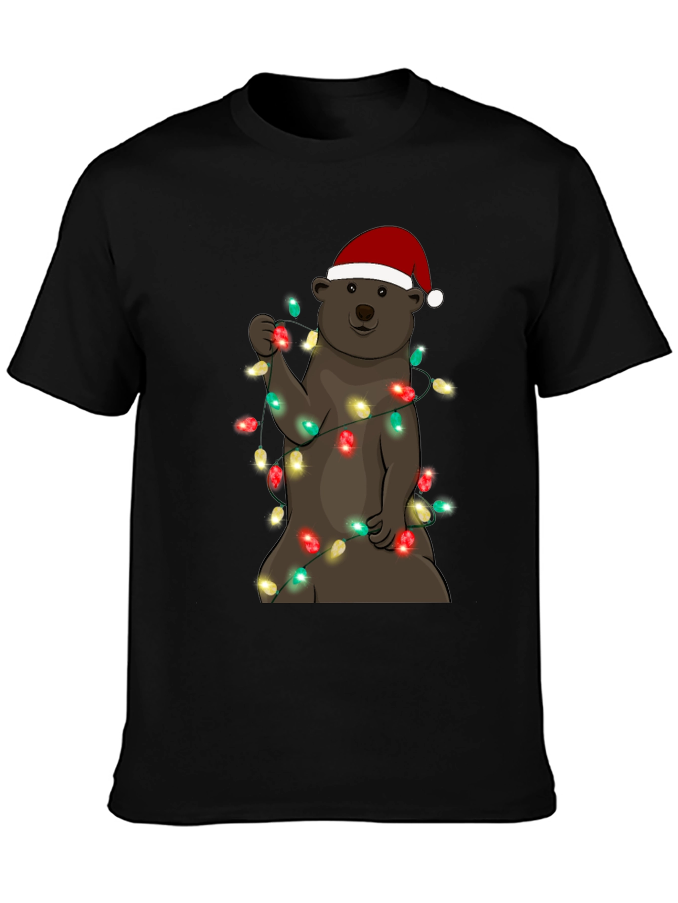 Festive Bear T-Shirt with Christmas Lights & Santa Hat