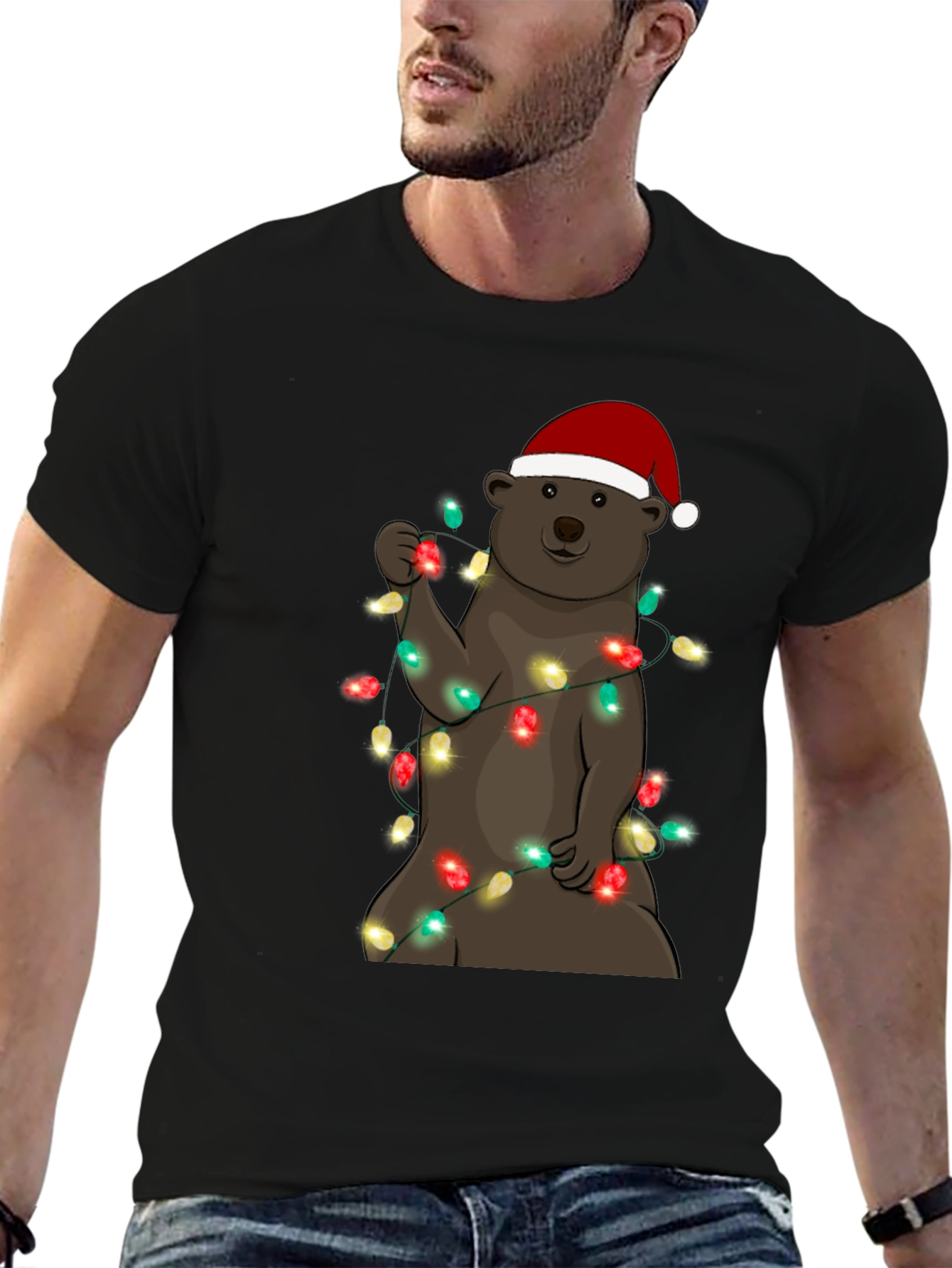 Festive Bear T-Shirt with Christmas Lights & Santa Hat