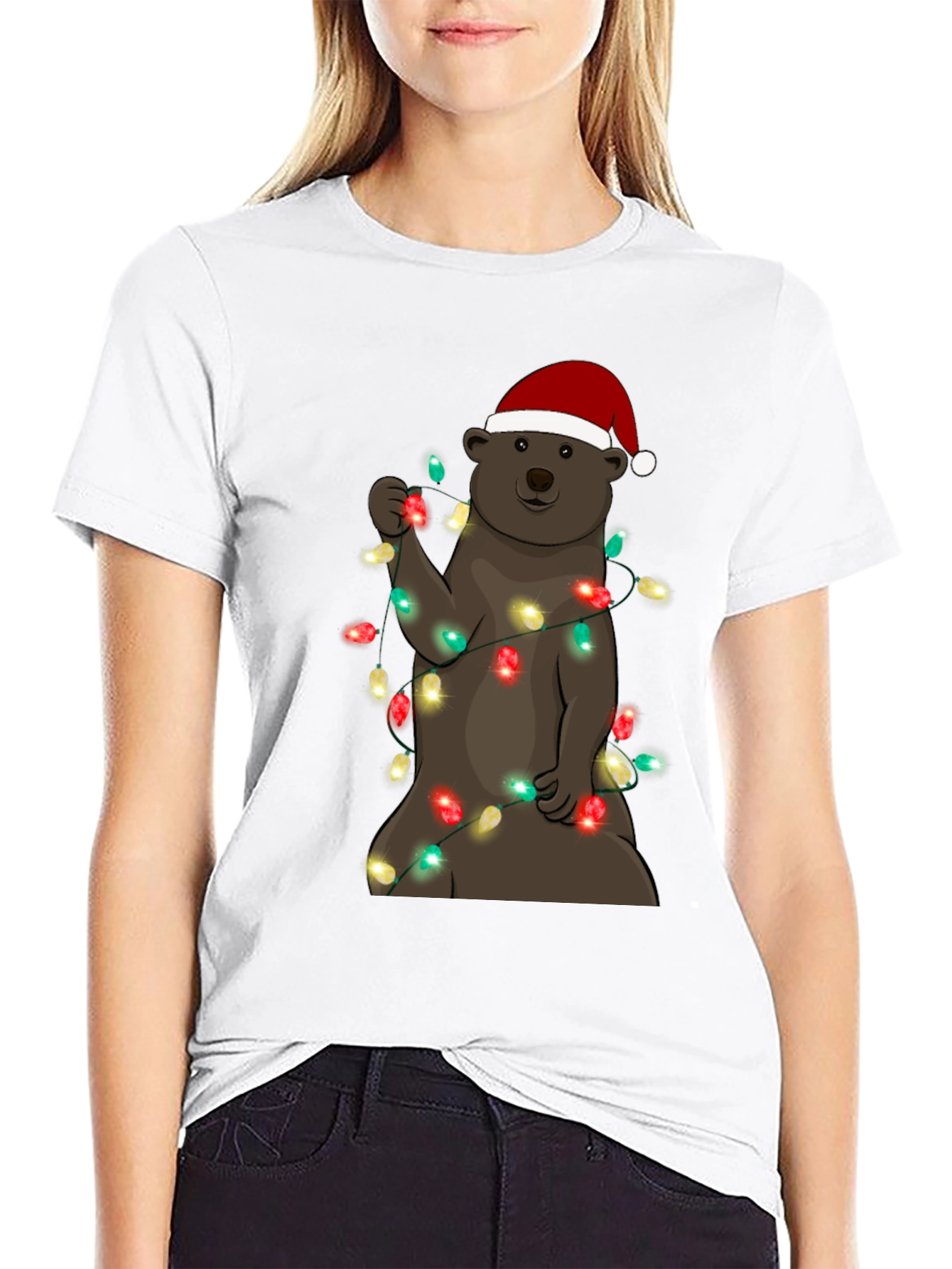 Festive Bear T-Shirt with Christmas Lights & Santa Hat