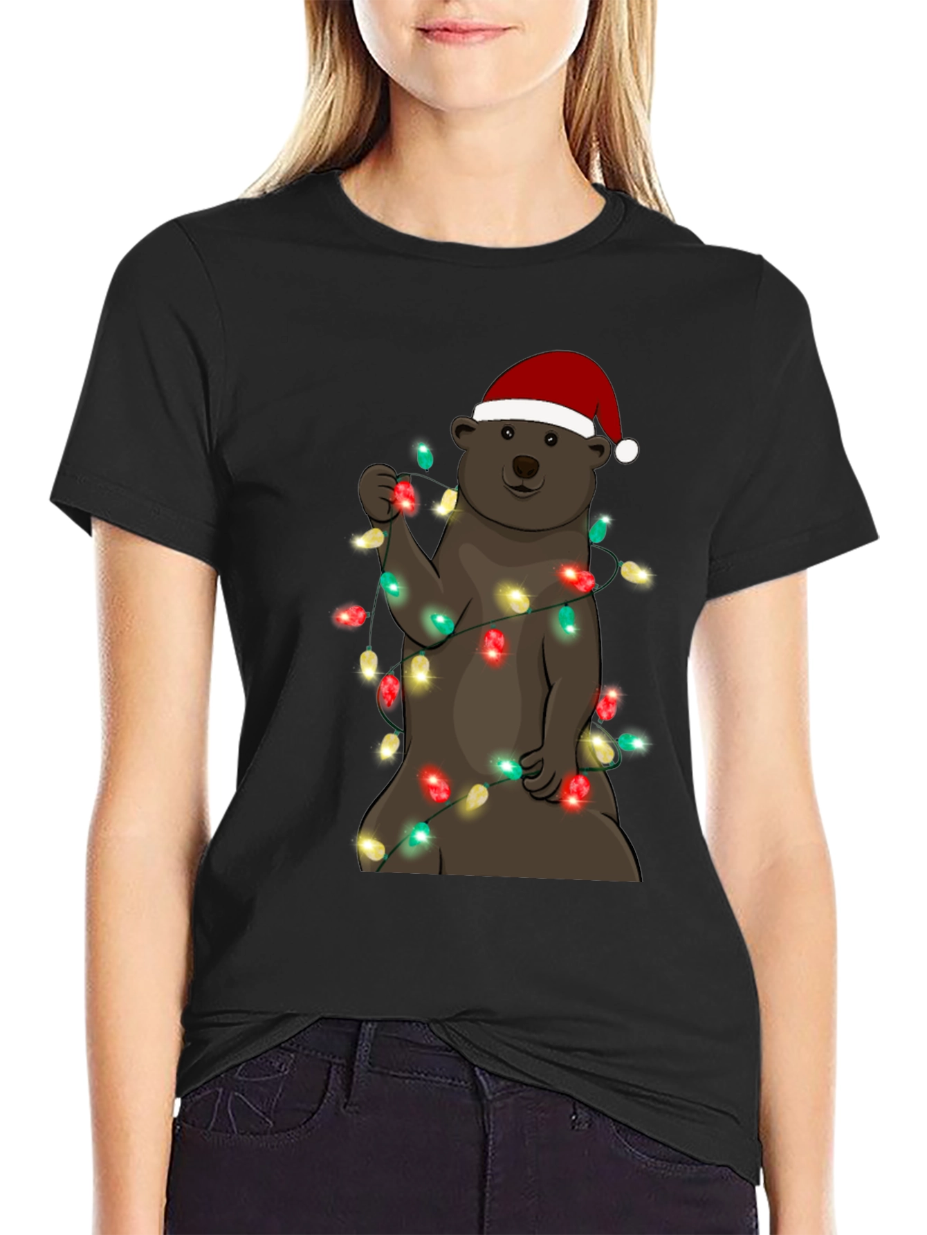 Festive Bear T-Shirt with Christmas Lights & Santa Hat