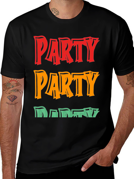 Party Graphic Tee - Bold Color Block Design Crew Neck