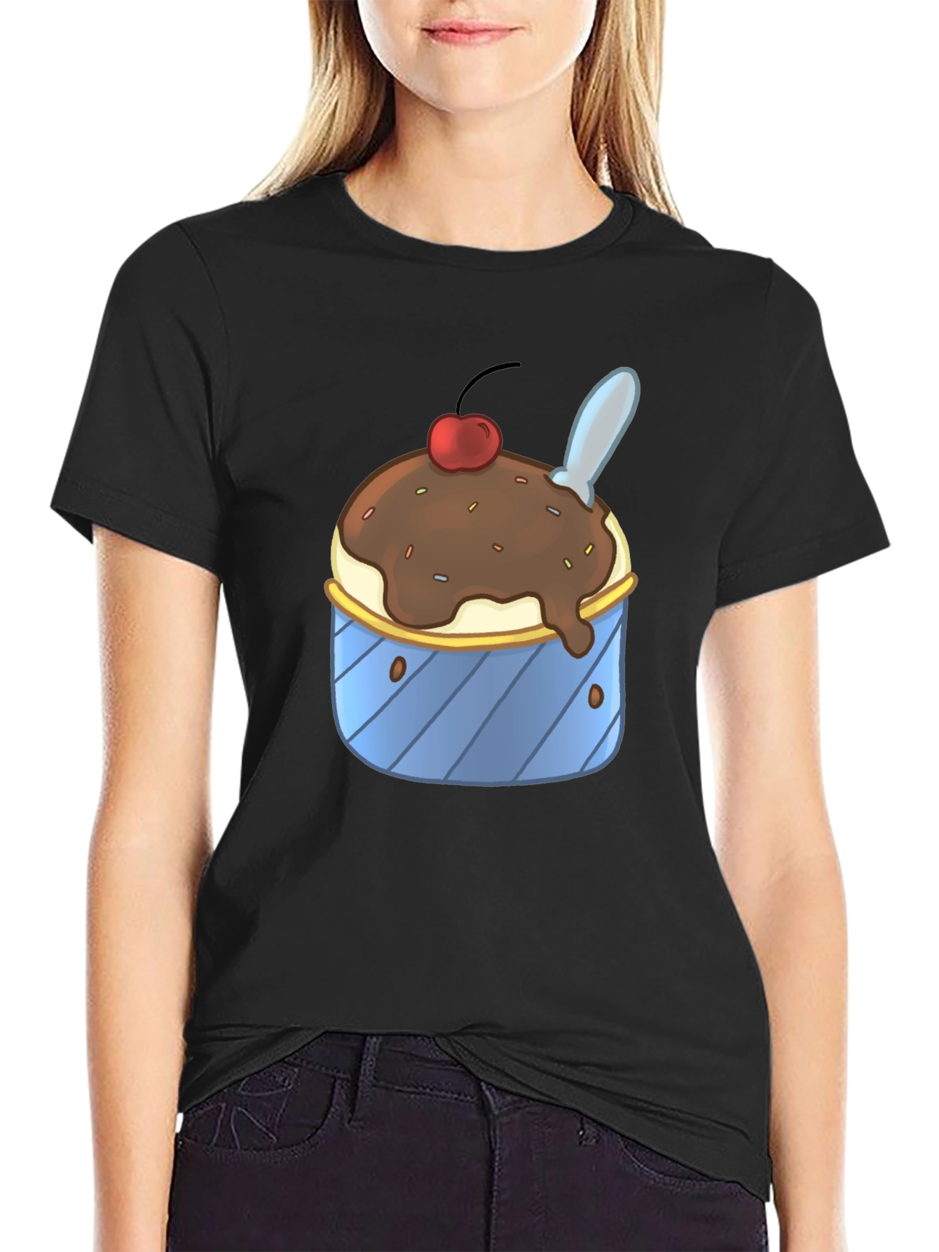 Ice Cream Sundae Graphic Tee - Black Cotton T-Shirt