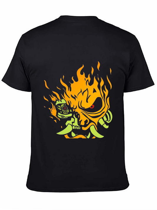 Cyberpunk Samurai Graphic Tee - Flaming Oni Design