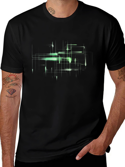 Futuristic Green Grid Graphic Black T-Shirt
