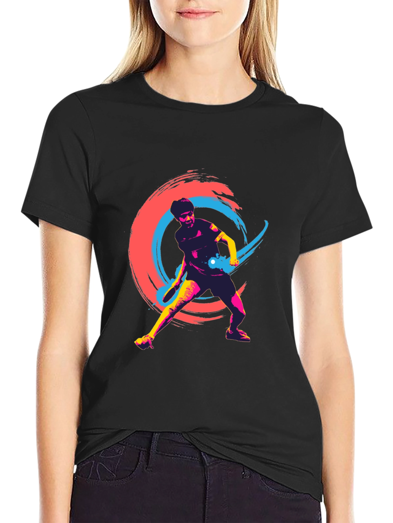 Vibrant Table Tennis Graphic Tee - Black