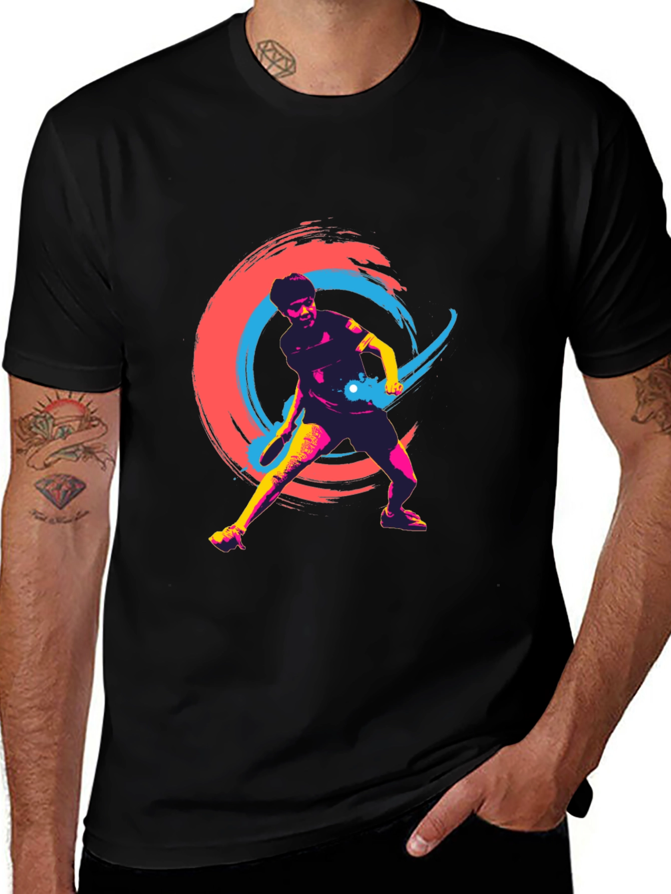 Vibrant Table Tennis Graphic Tee - Black