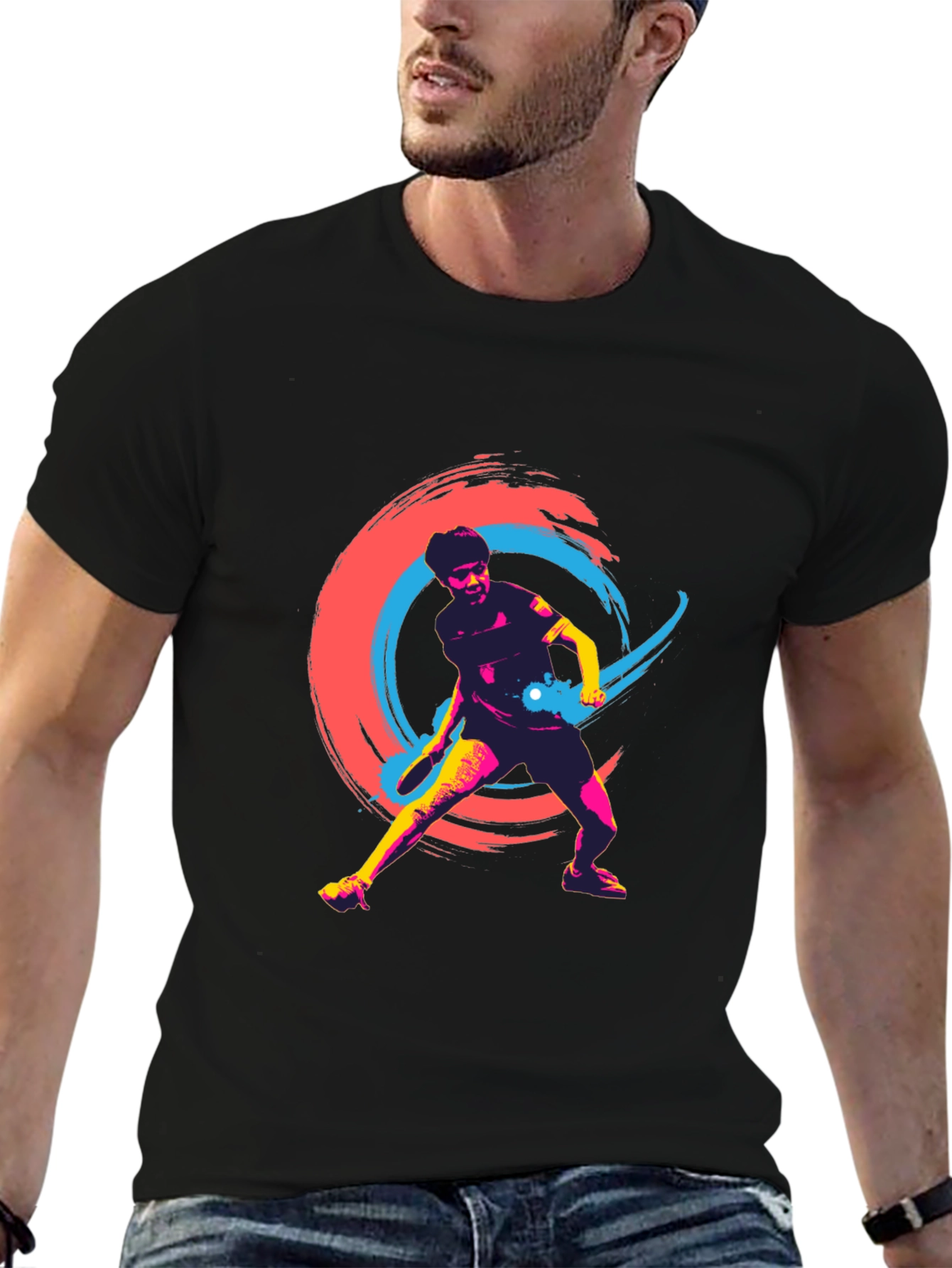 Vibrant Table Tennis Graphic Tee - Black