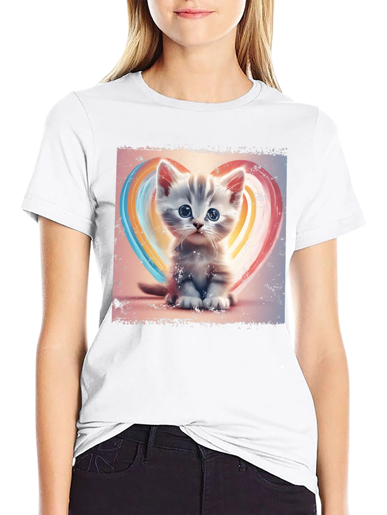 Cute Kitten Heart T-Shirt - Soft Black Cotton Tee