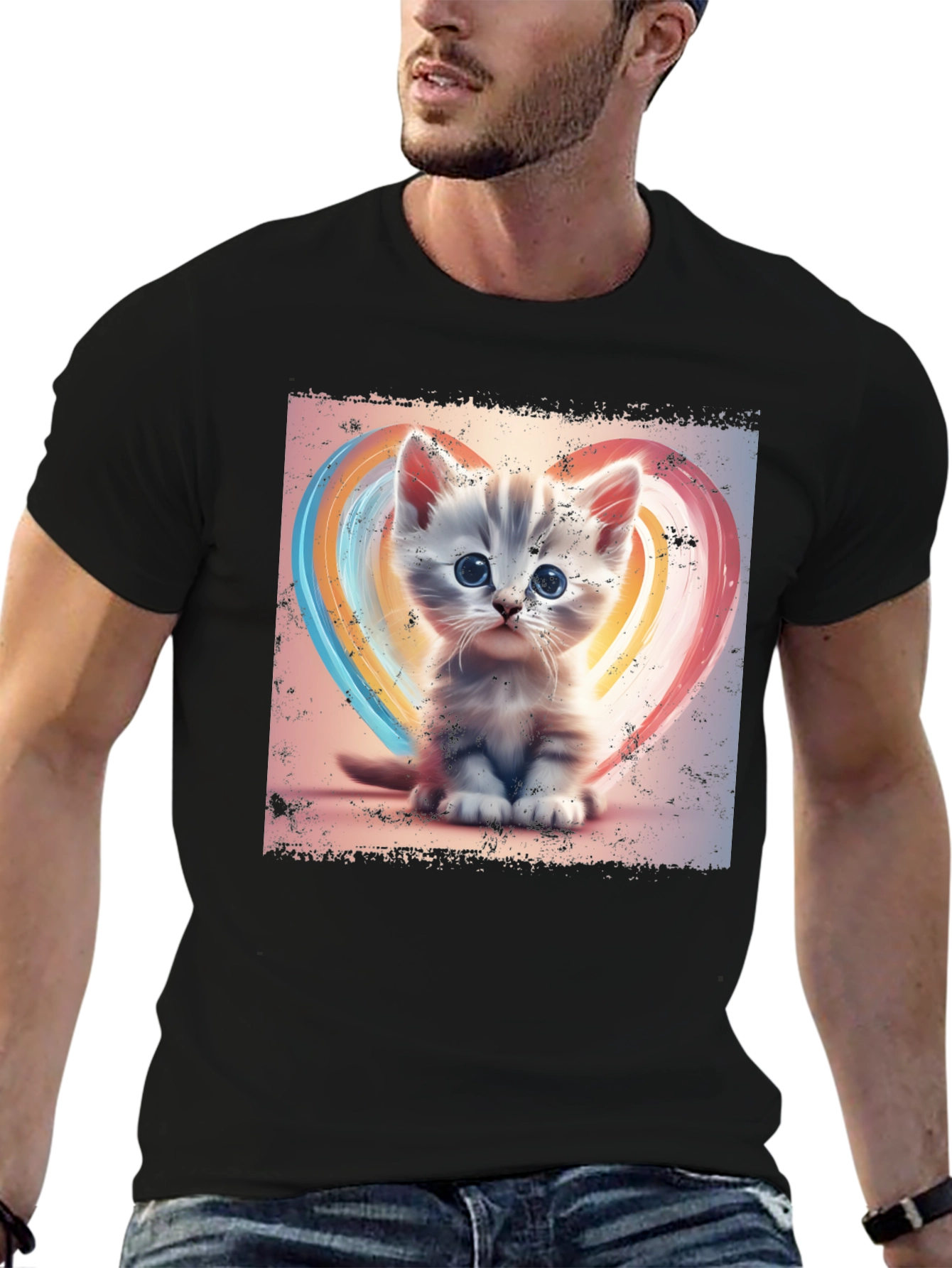 Cute Kitten Heart T-Shirt - Soft Black Cotton Tee