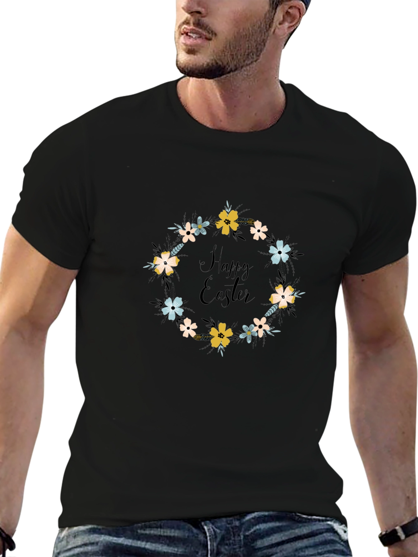 Happy Easter Floral Wreath Graphic T-Shirt