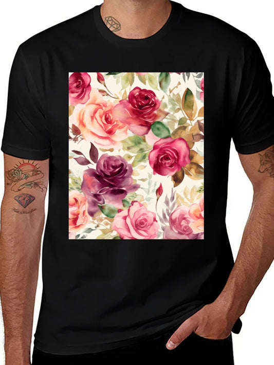 Floral Rose T-Shirt - Watercolor Design Black