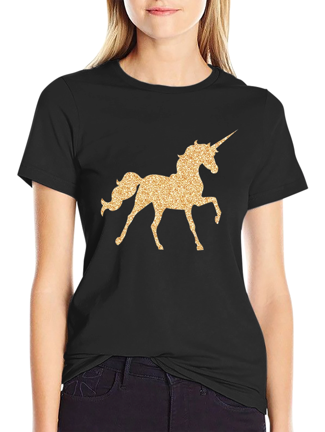 Unicorn Glitter Graphic Black T-Shirt