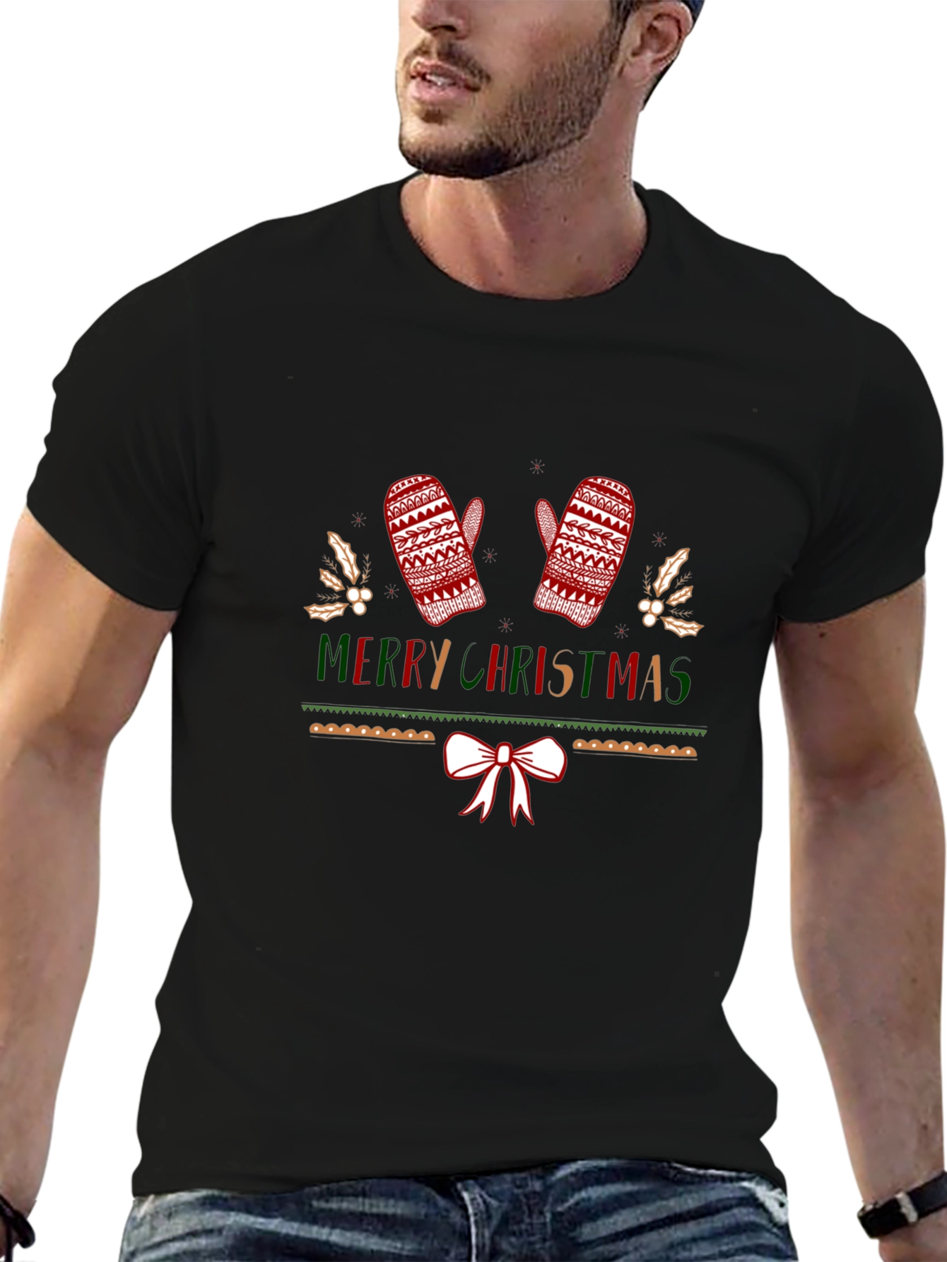 Festive Merry Christmas Knitted Mittens T-Shirt