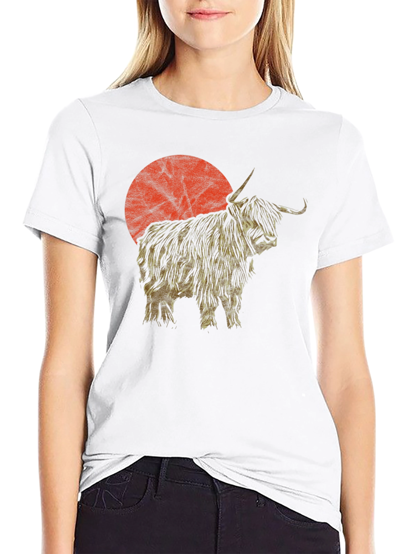 Highland Cow Sunset Graphic Tee - Black Cotton T-Shirt
