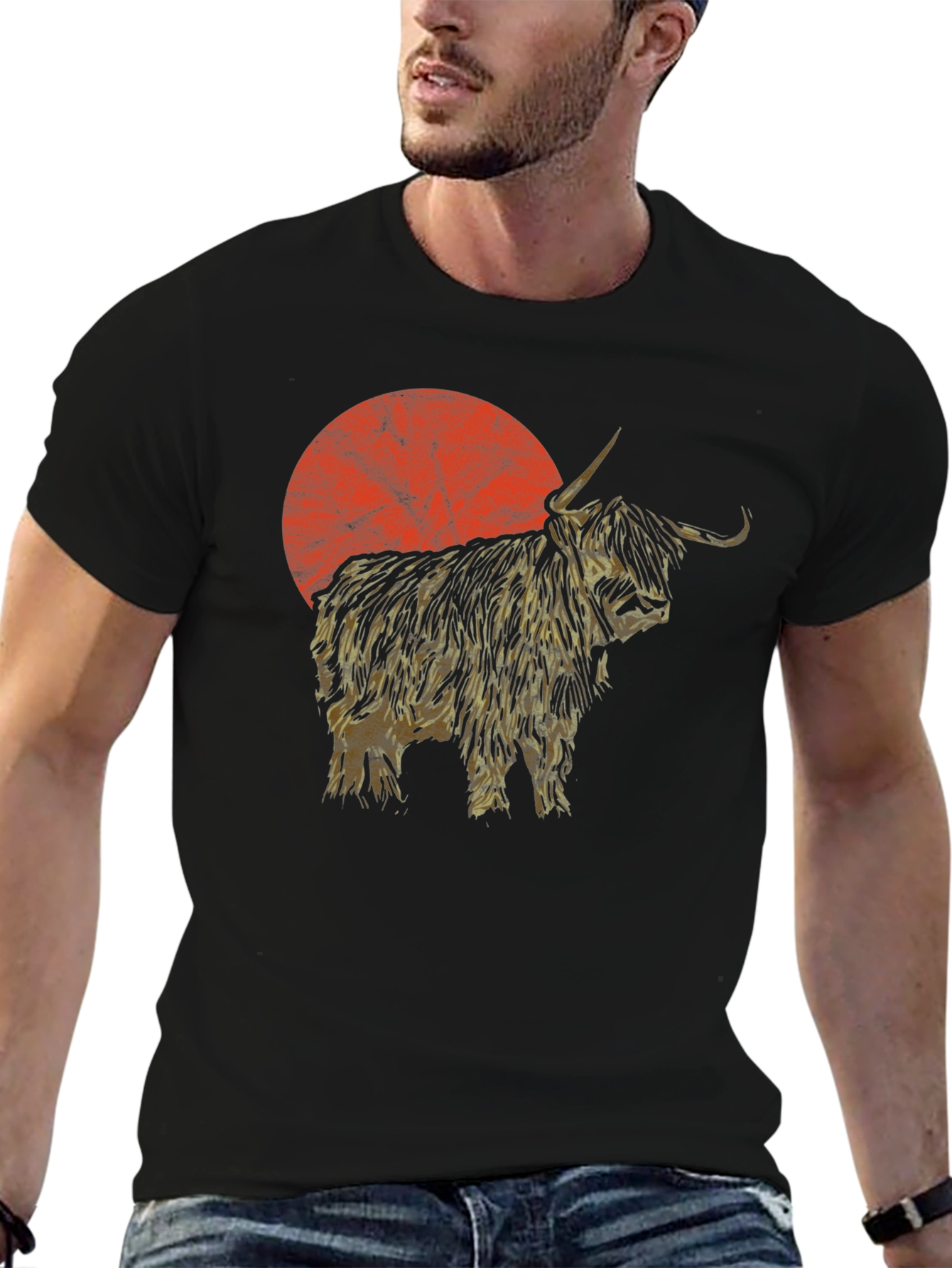 Highland Cow Sunset Graphic Tee - Black Cotton T-Shirt