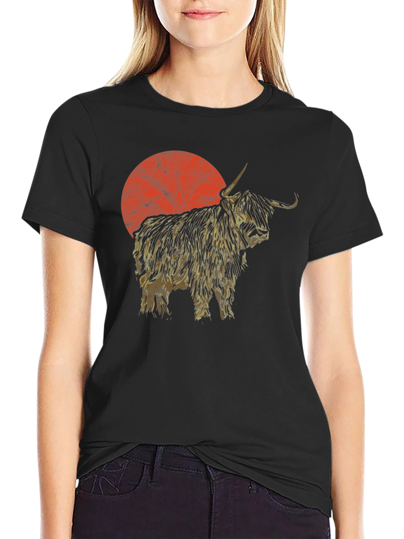Highland Cow Sunset Graphic Tee - Black Cotton T-Shirt