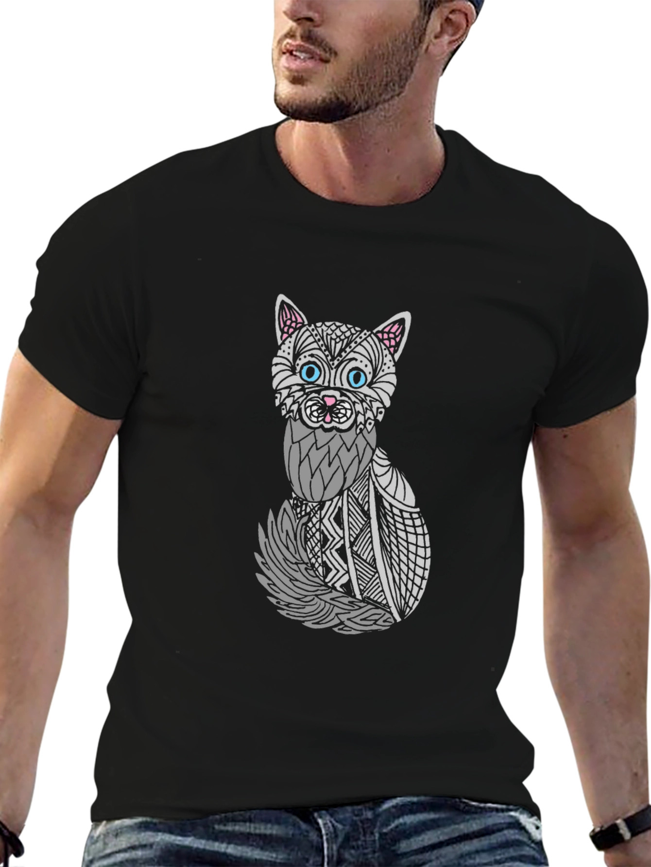 Abstract Cat Graphic T-Shirt - Unisex Black Tee