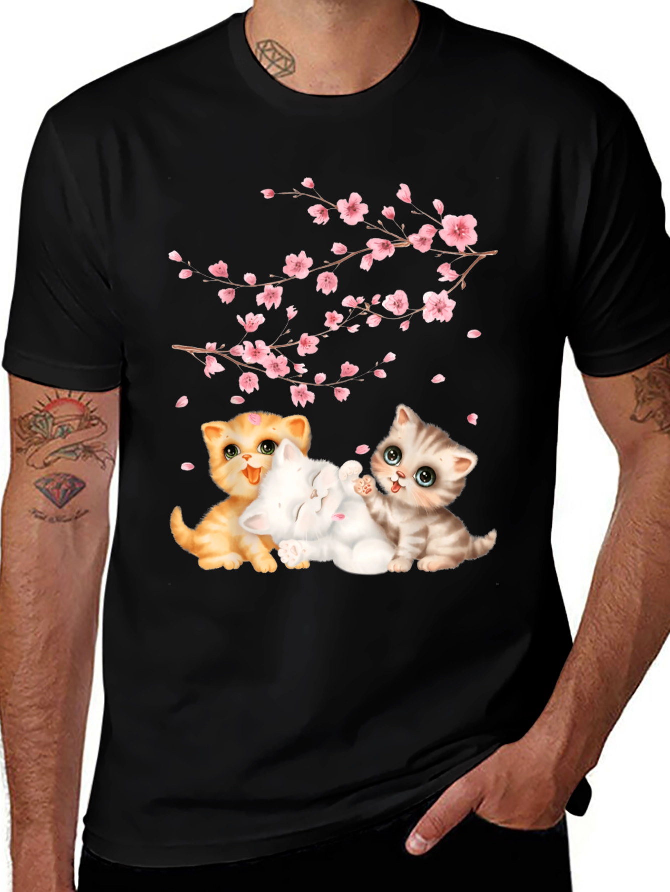 Cute Kittens & Cherry Blossoms Black T-Shirt
