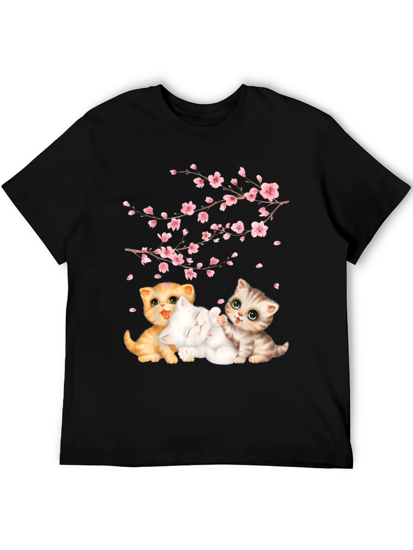 Cute Kittens & Cherry Blossoms Black T-Shirt