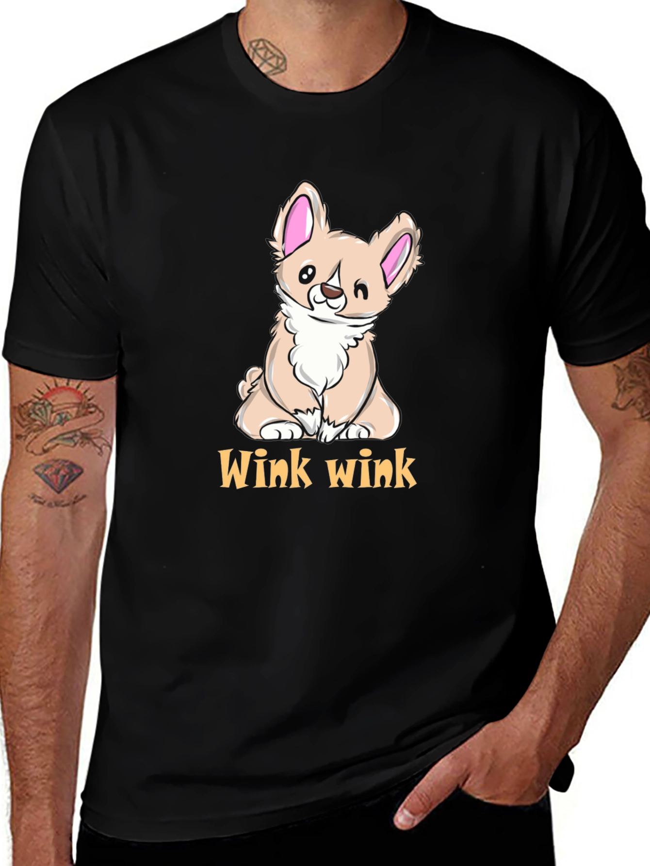 Cute Corgi Wink Wink Black T-Shirt