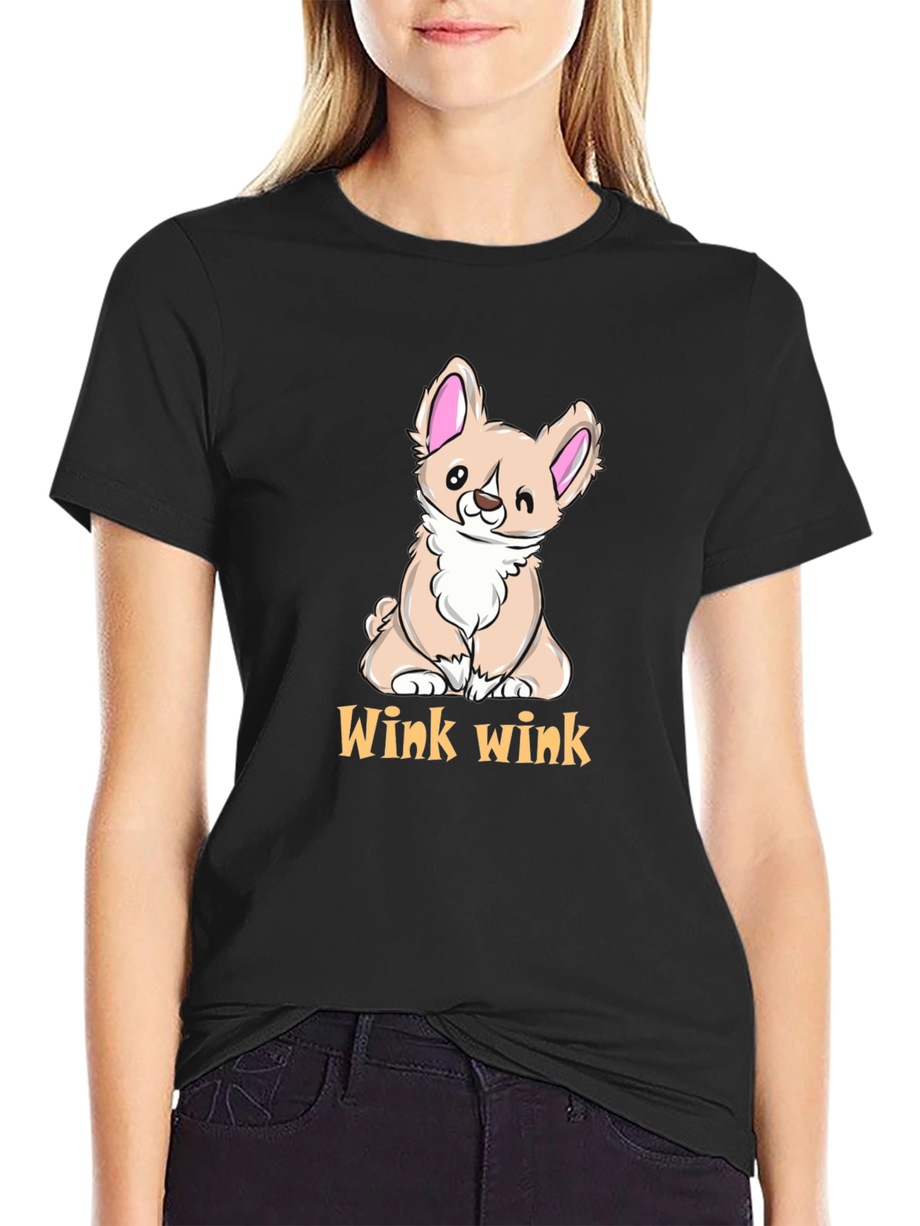 Cute Corgi Wink Wink Black T-Shirt