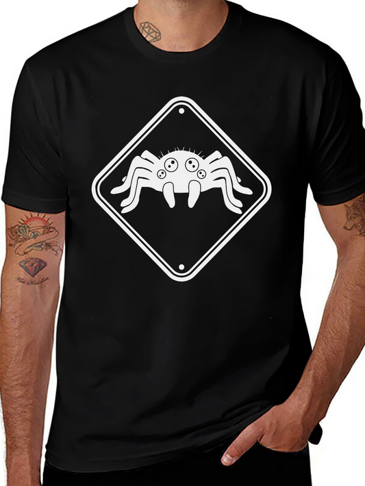 Funny Spider Warning Sign Black T-Shirt
