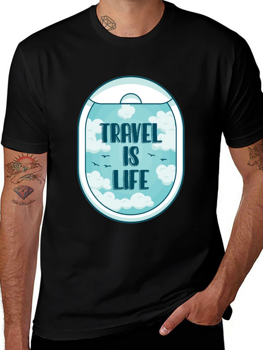 Travel Is Life Graphic Tee - Black Crew Neck T-Shirt