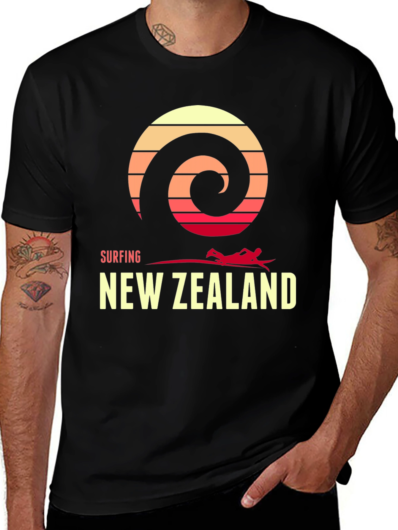 Surfing New Zealand Graphic Tee - Retro Wave Design
