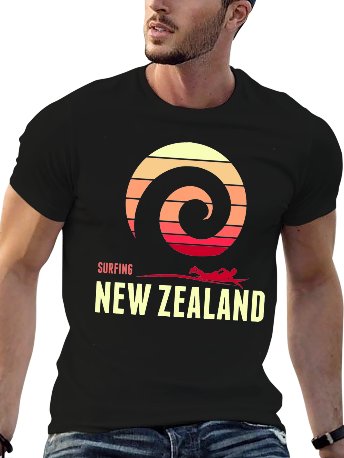 Surfing New Zealand Graphic Tee - Retro Wave Design