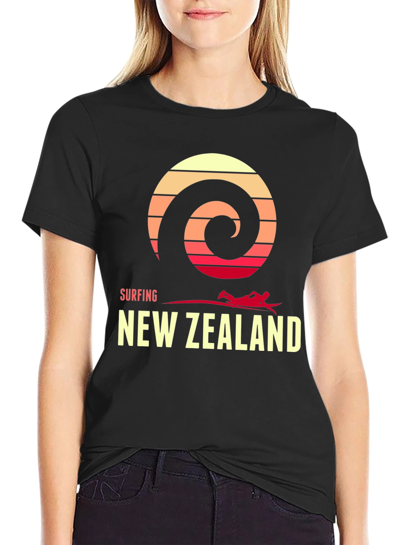 Surfing New Zealand Graphic Tee - Retro Wave Design