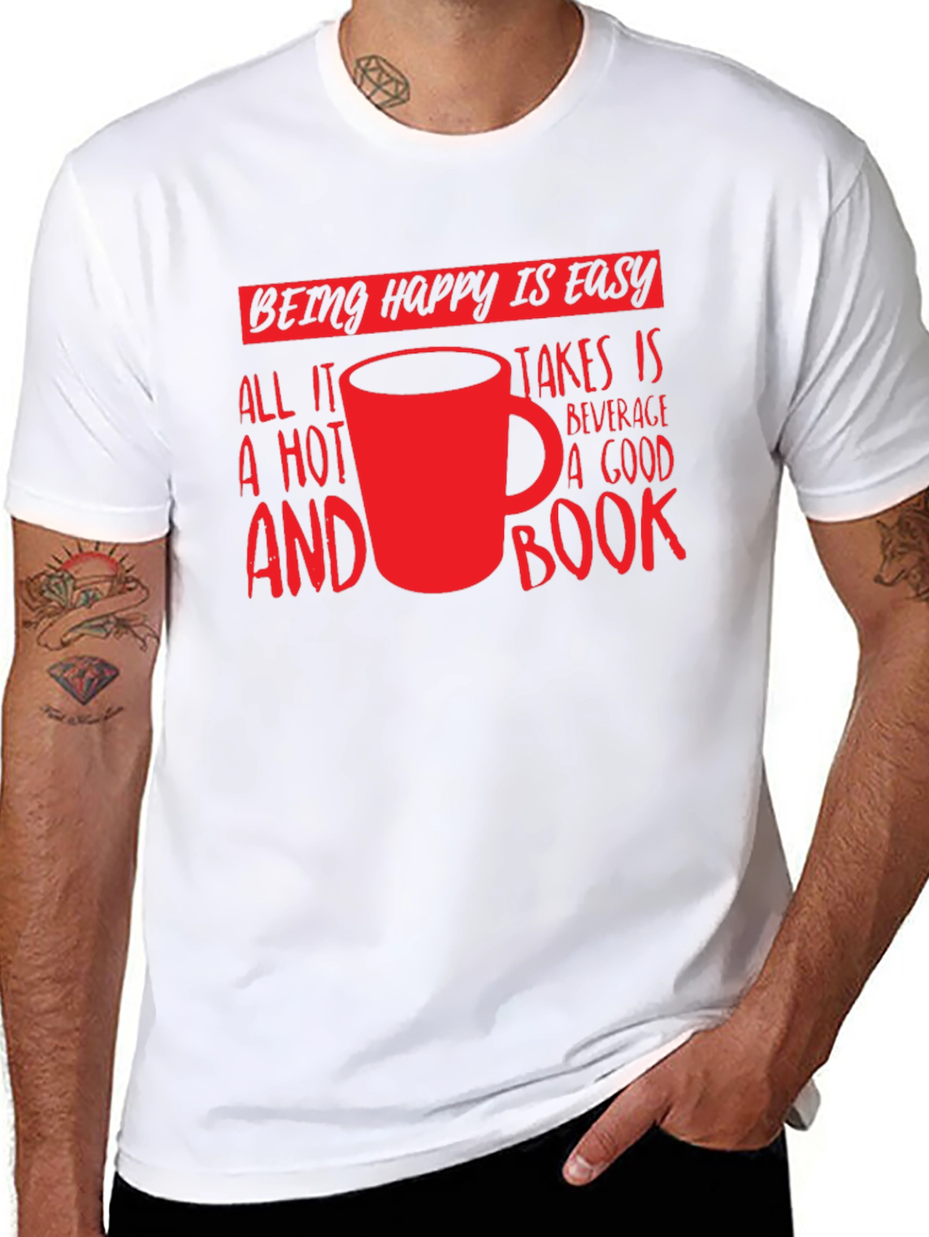 Happy Is Easy T-Shirt: Hot Beverage & Book
