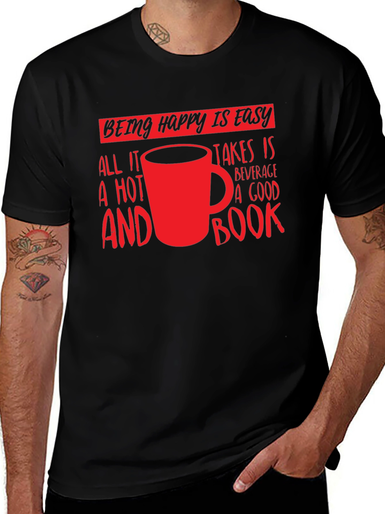 Happy Is Easy T-Shirt: Hot Beverage & Book