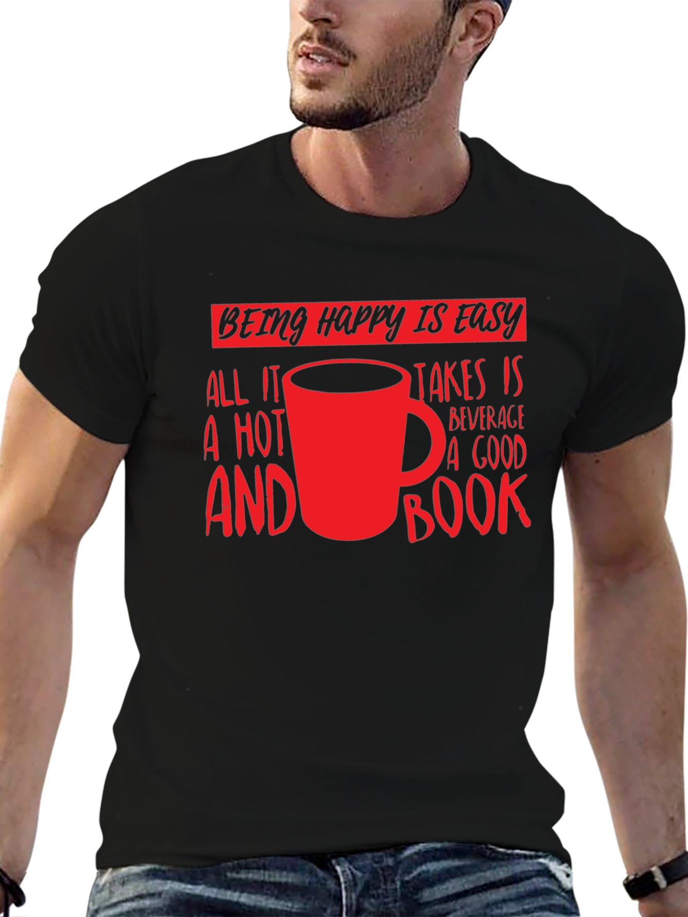 Happy Is Easy T-Shirt: Hot Beverage & Book