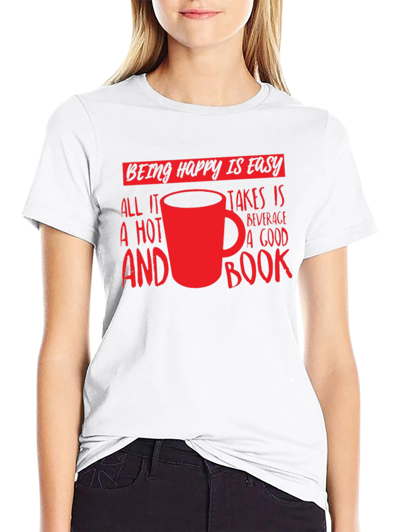 Happy Is Easy T-Shirt: Hot Beverage & Book