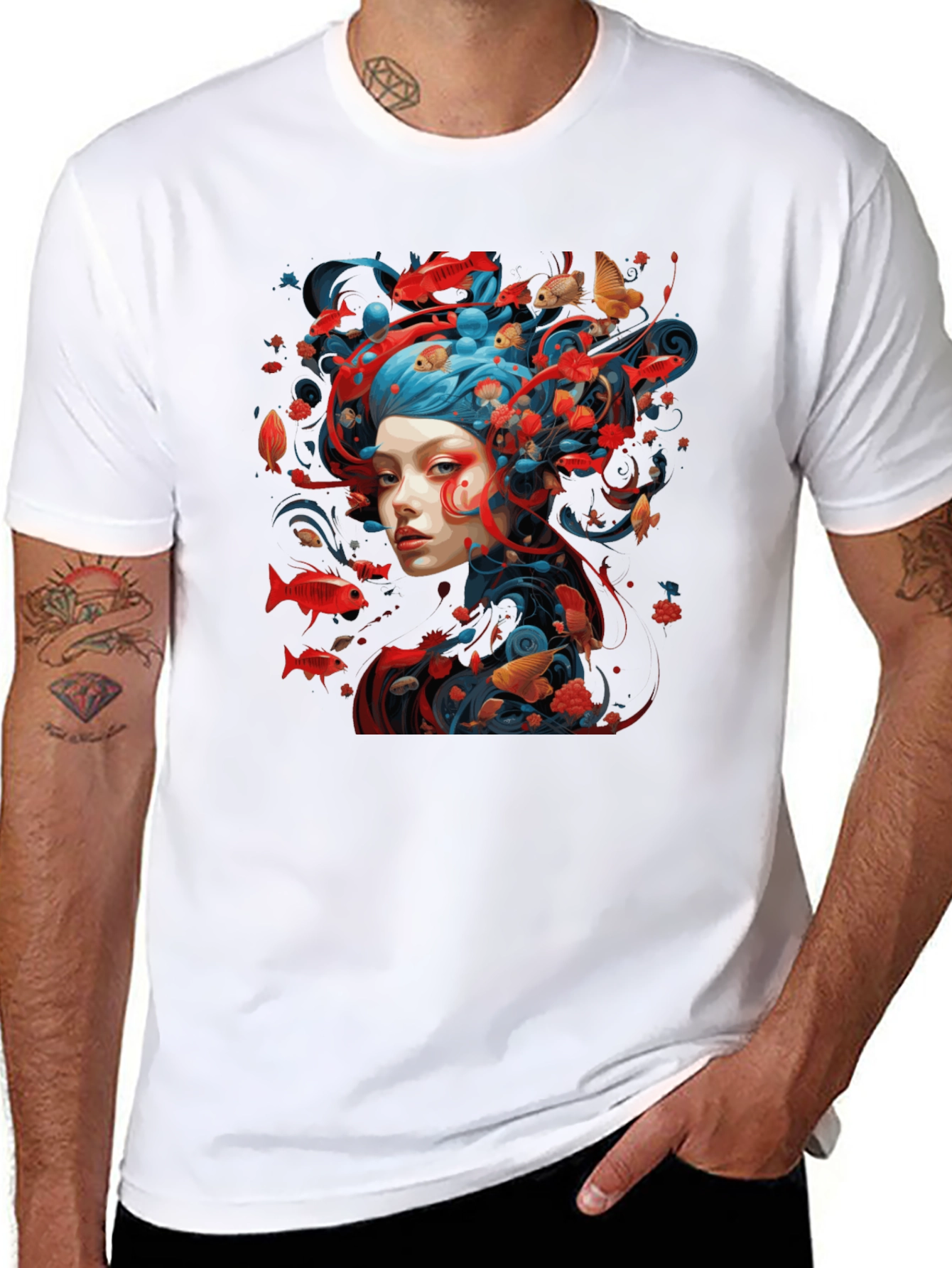 Artistic Fish Design Black T-Shirt