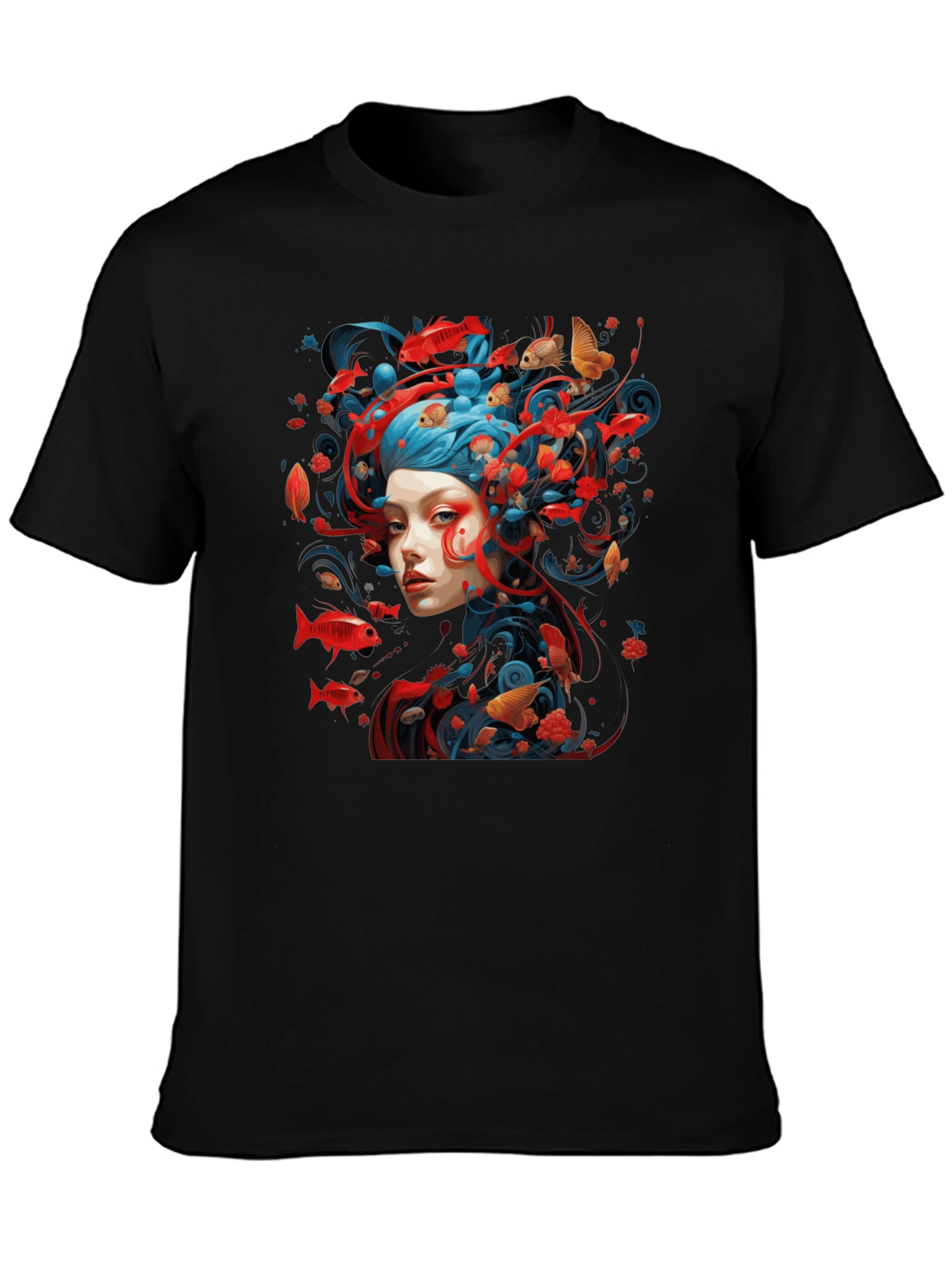 Artistic Fish Design Black T-Shirt