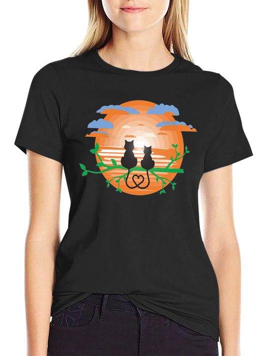 Sunset Cats Graphic Tee - Black Cotton Comfort