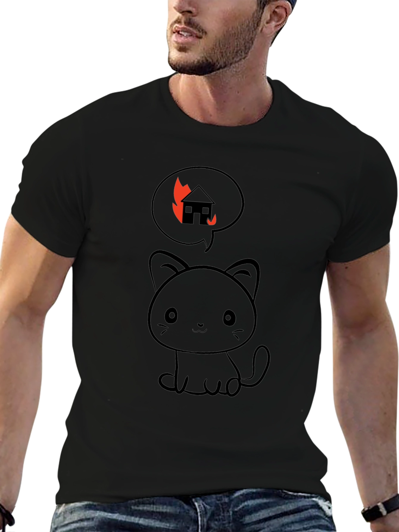 Burning House Cat T-Shirt - Black Cotton