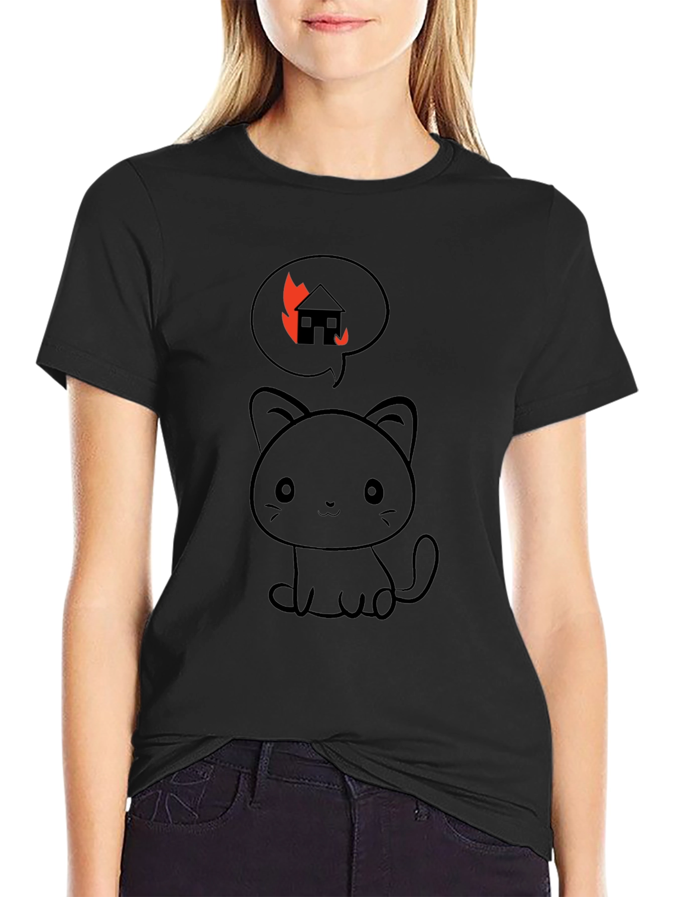 Burning House Cat T-Shirt - Black Cotton