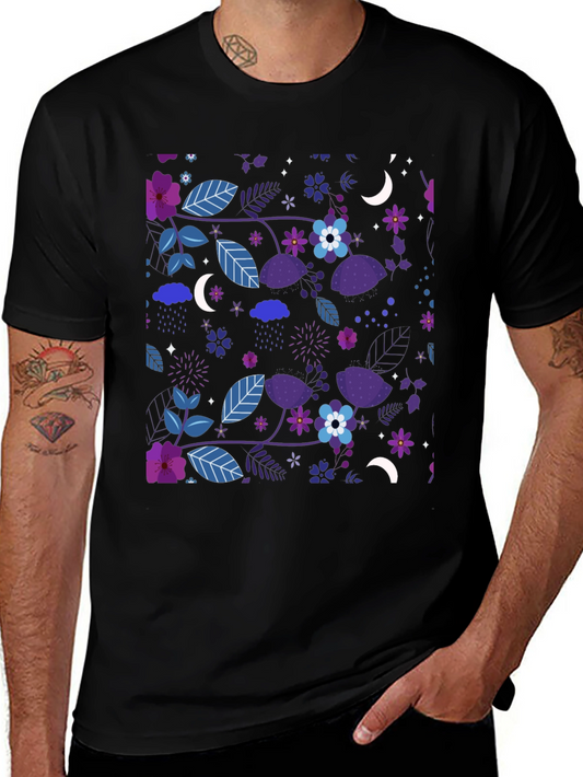 Floral Moon Mens Black Graphic Tee
