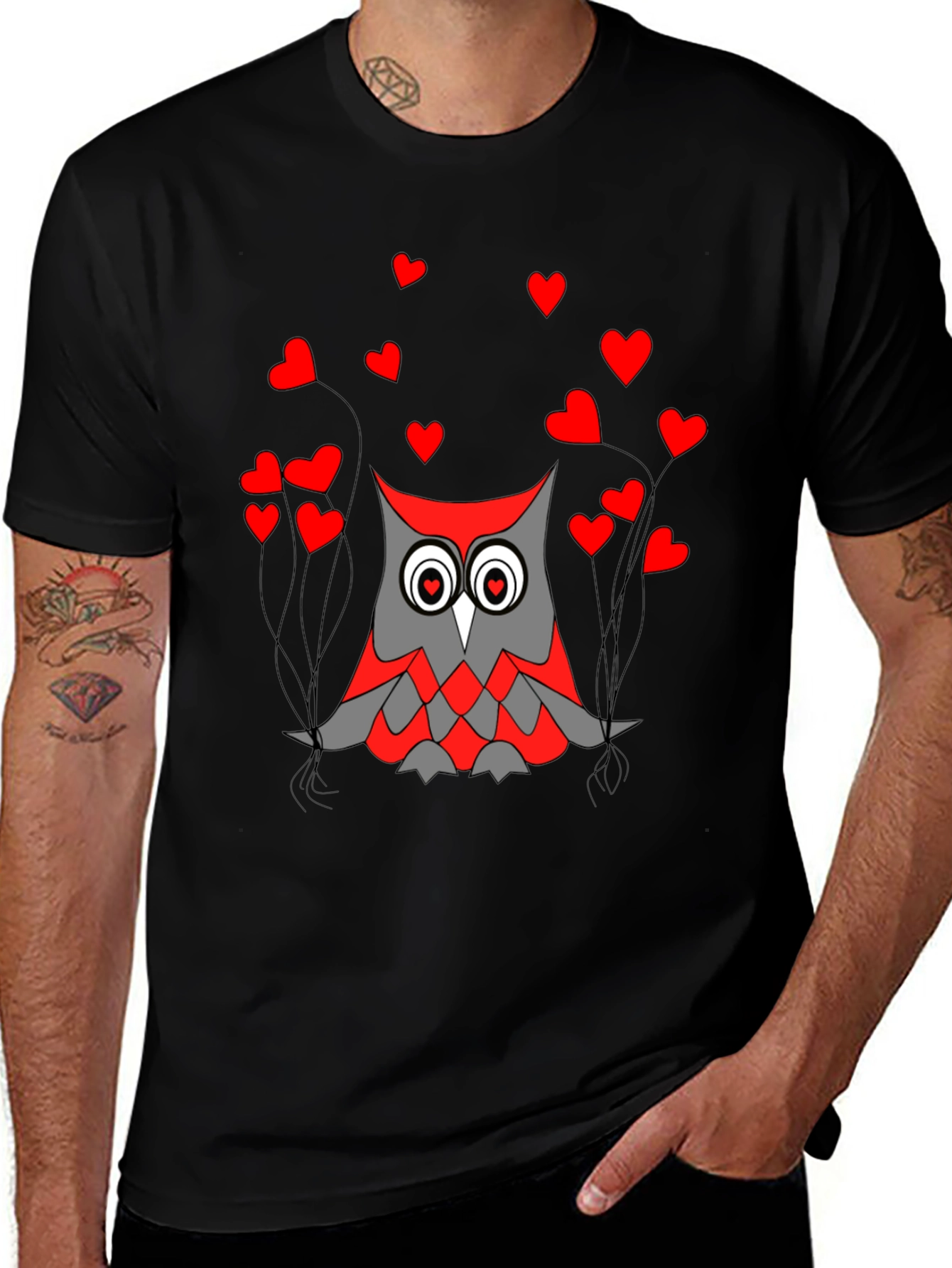 Owl Love Graphic Tee - Black Crew Neck T-Shirt