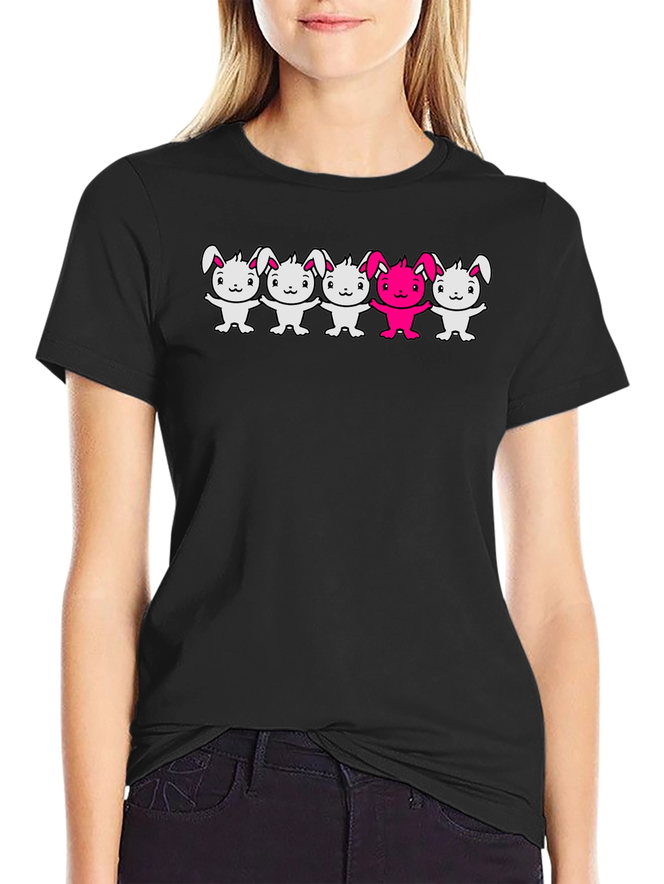 Bunny Graphic T-Shirt Black Crew Neck Cartoon Design