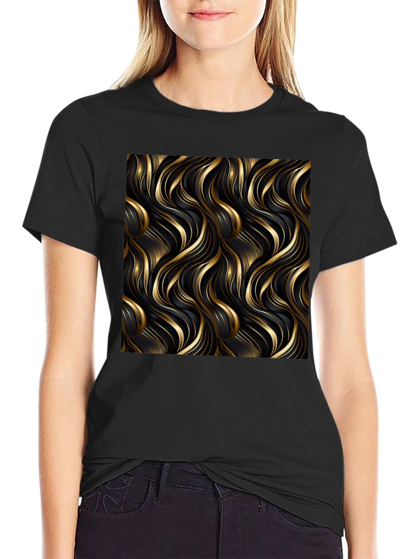 Elegant Black Tee with Gold Wave Design