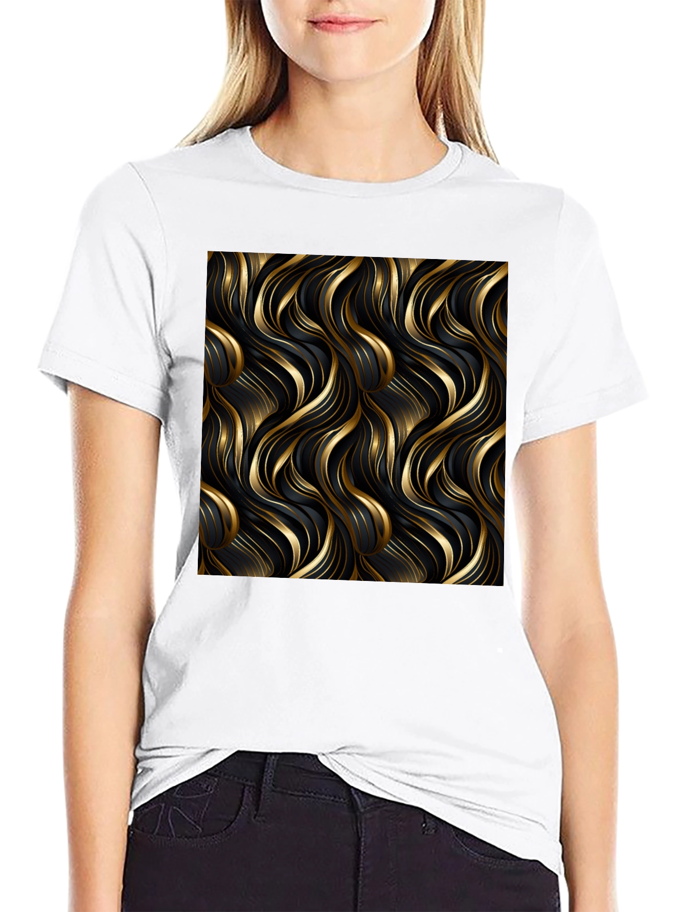 Elegant Black Tee with Gold Wave Design