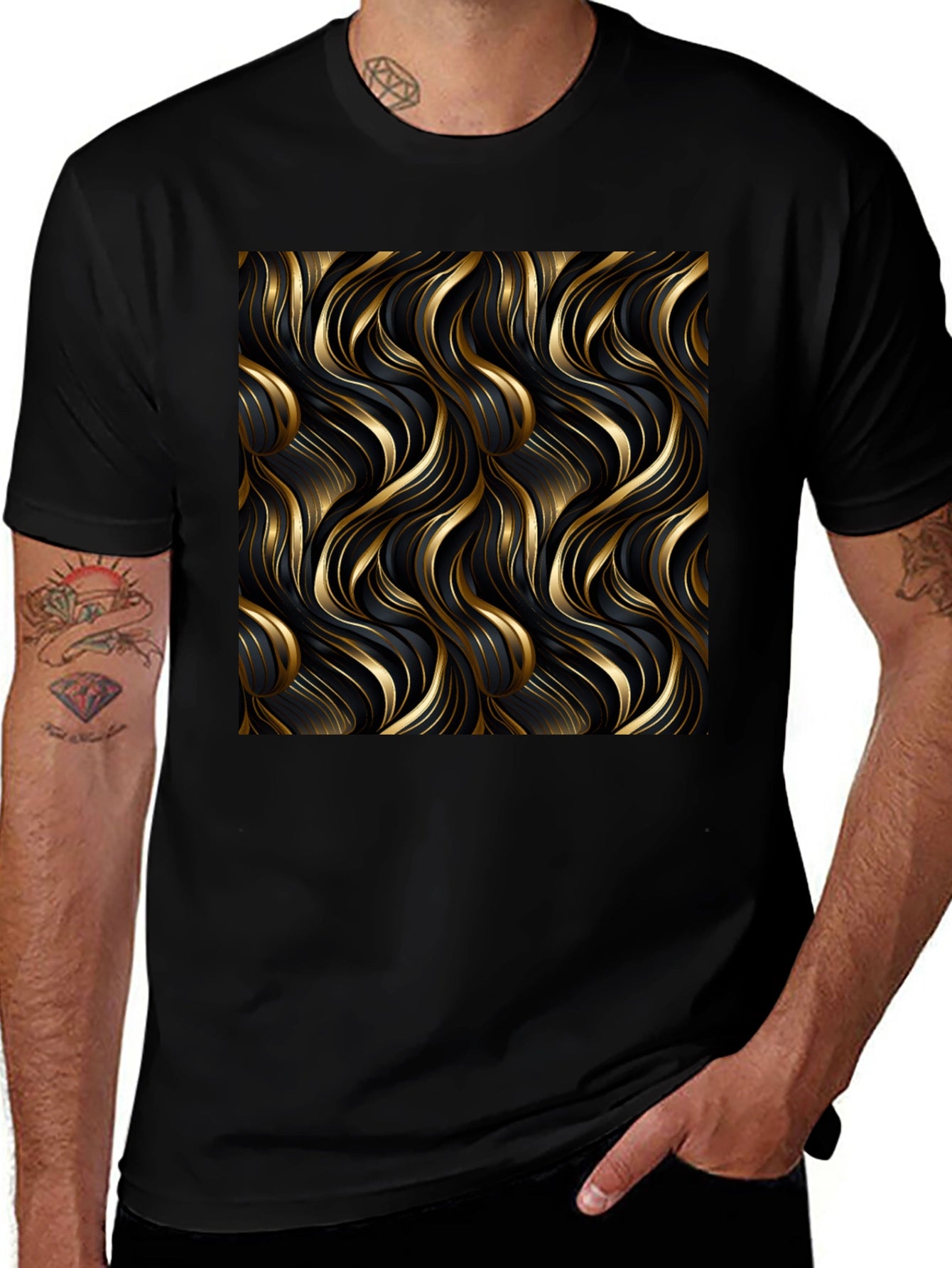 Elegant Black Tee with Gold Wave Design