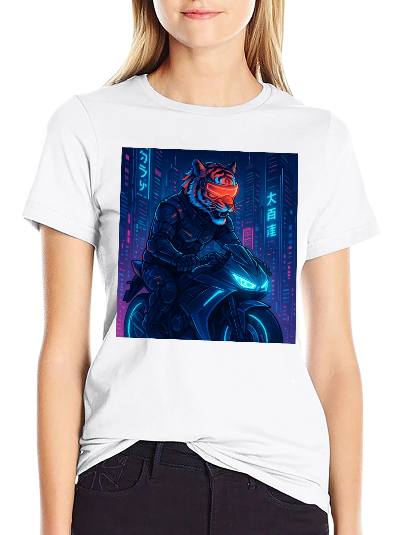 Cyberpunk Tiger Rider Graphic Tee - Black