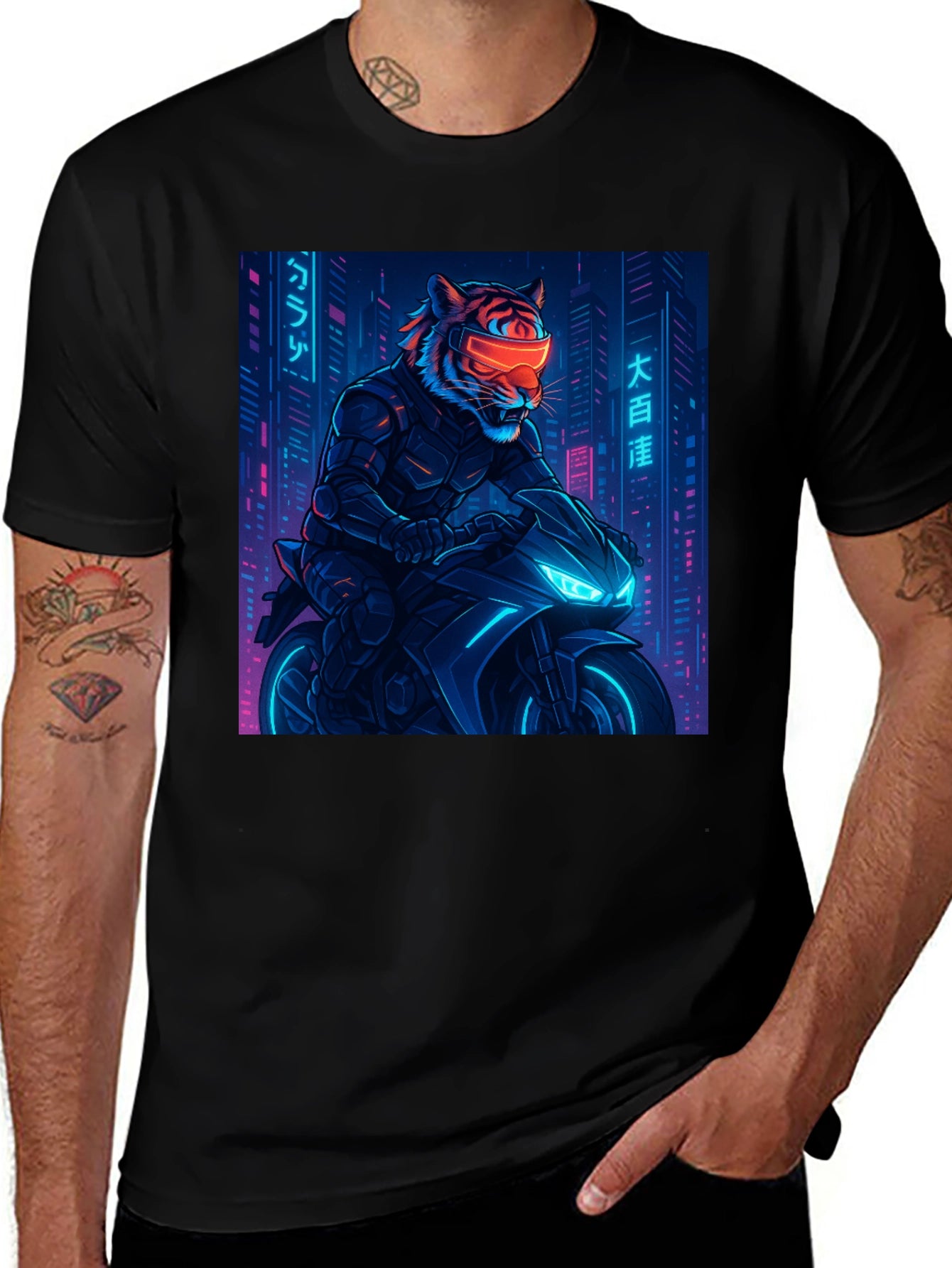 Cyberpunk Tiger Rider Graphic Tee - Black