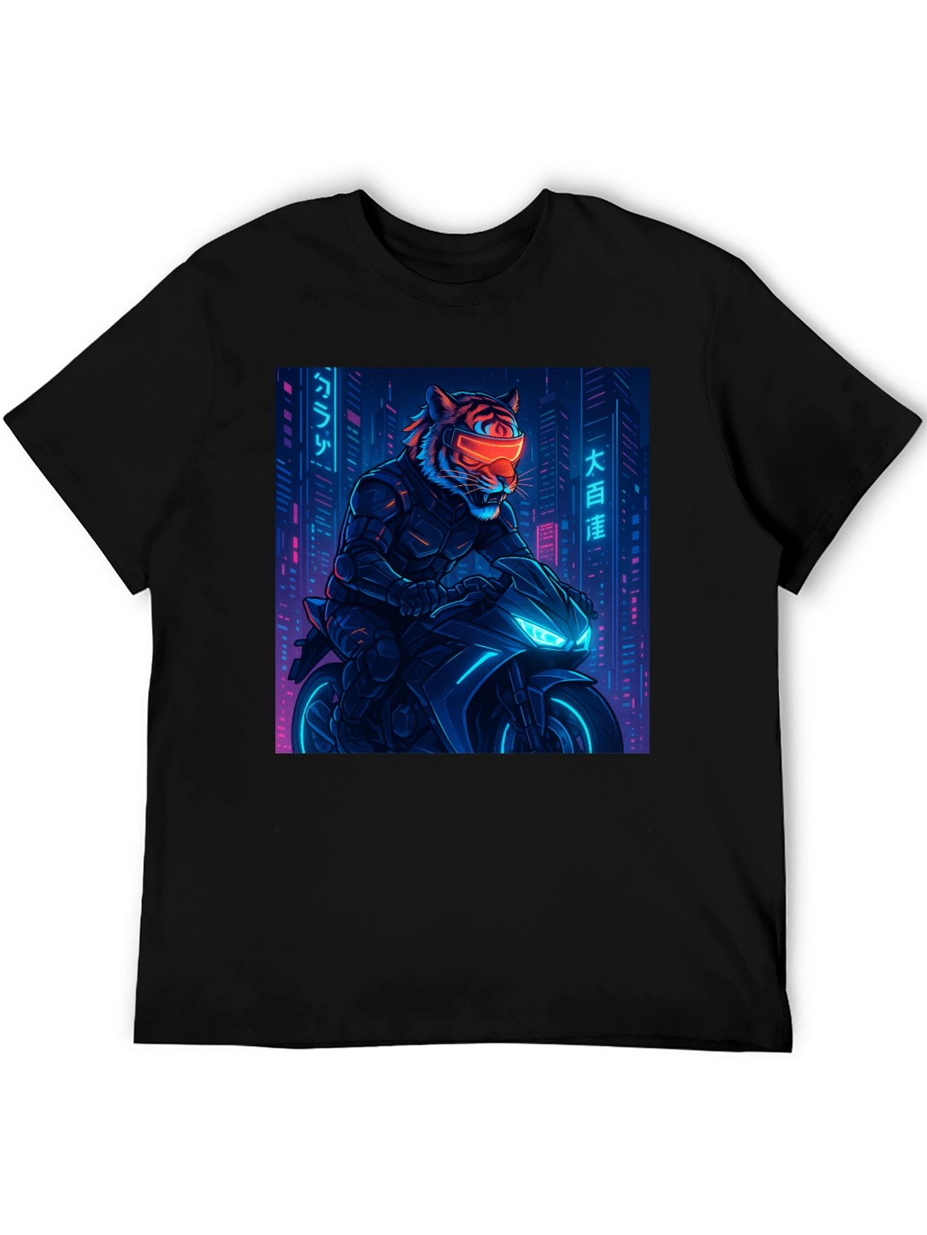 Cyberpunk Tiger Rider Graphic Tee - Black